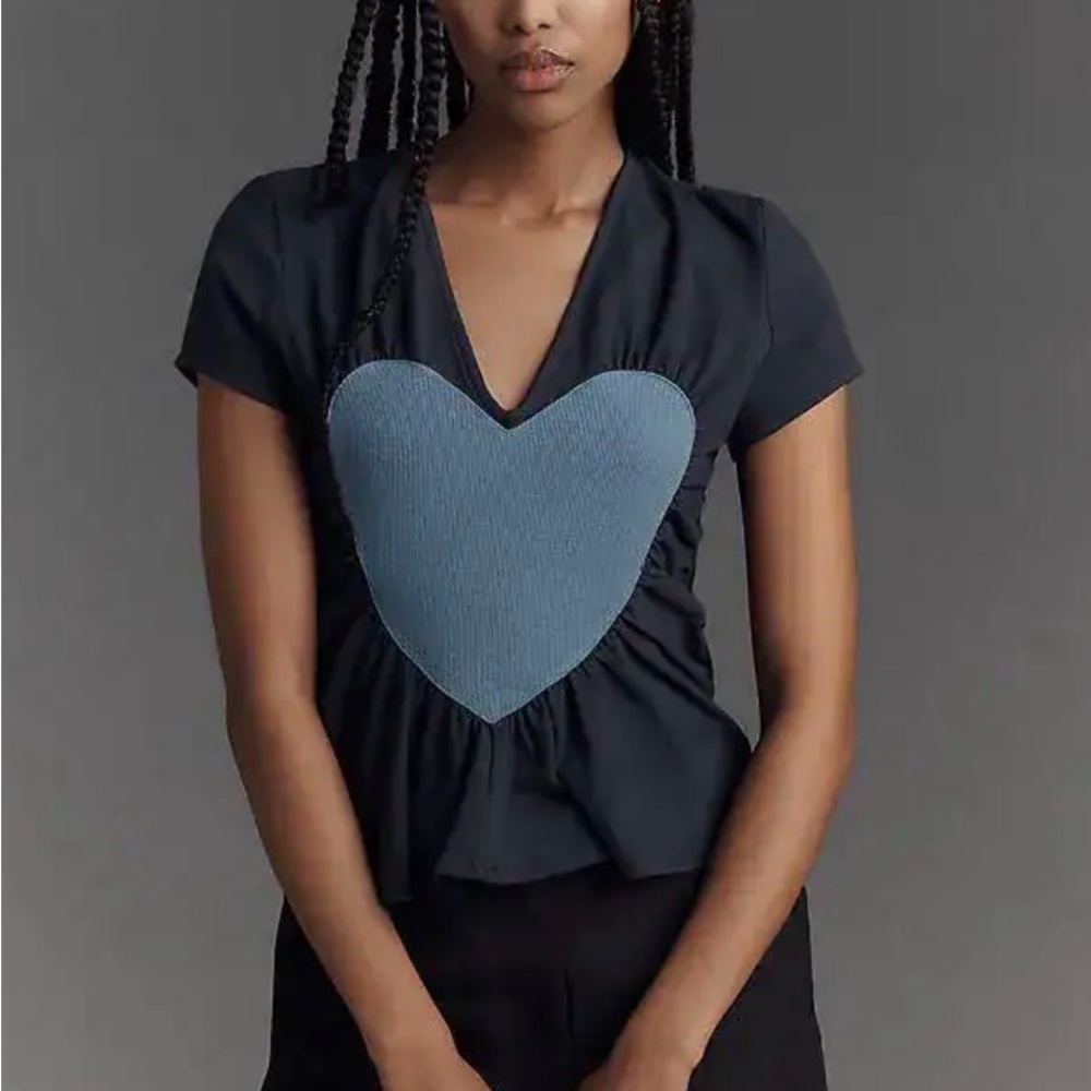 Maeve Anthropologie Blue Crop Tshirt with Heart Accent